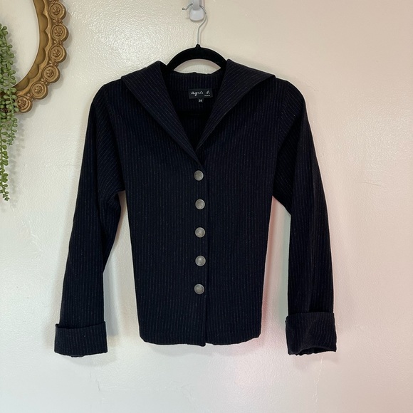 Agnes B Wool Blend Navy Pinstripe Snap Front Sweater, Tie Waist, US Size 4 - Picture 2 of 11